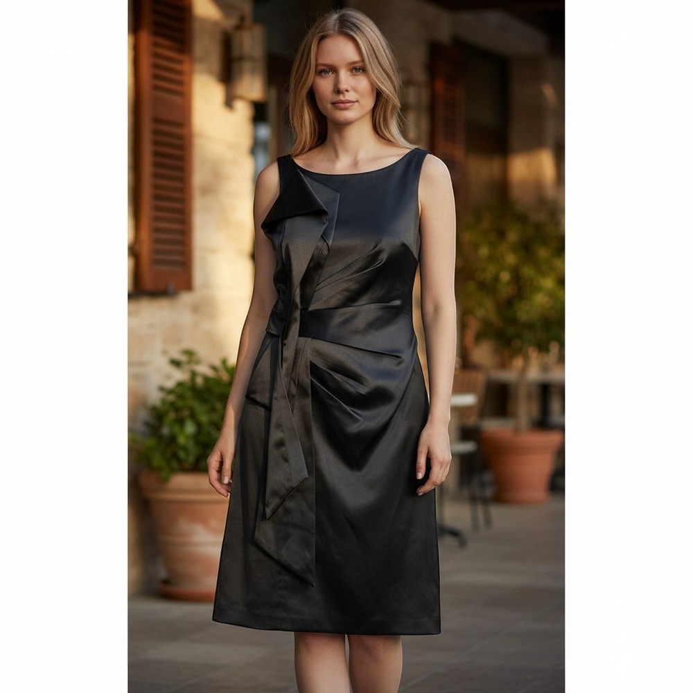 JS Collections Sheath Dress Womens 8 Black Draped Knot Satin Cocktail Sleeveless